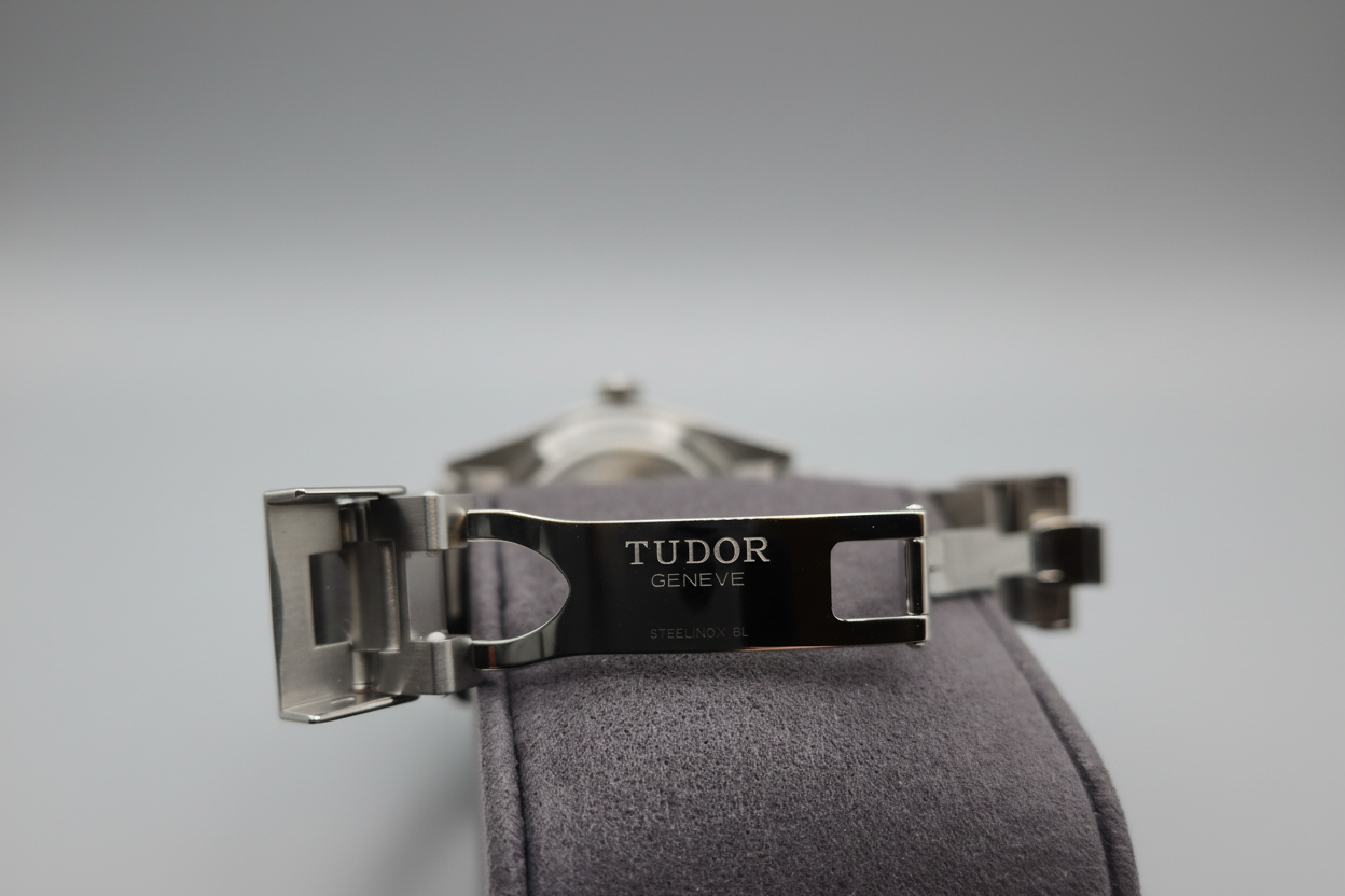 Tudor watch clasp on a textured surface with a blurred background